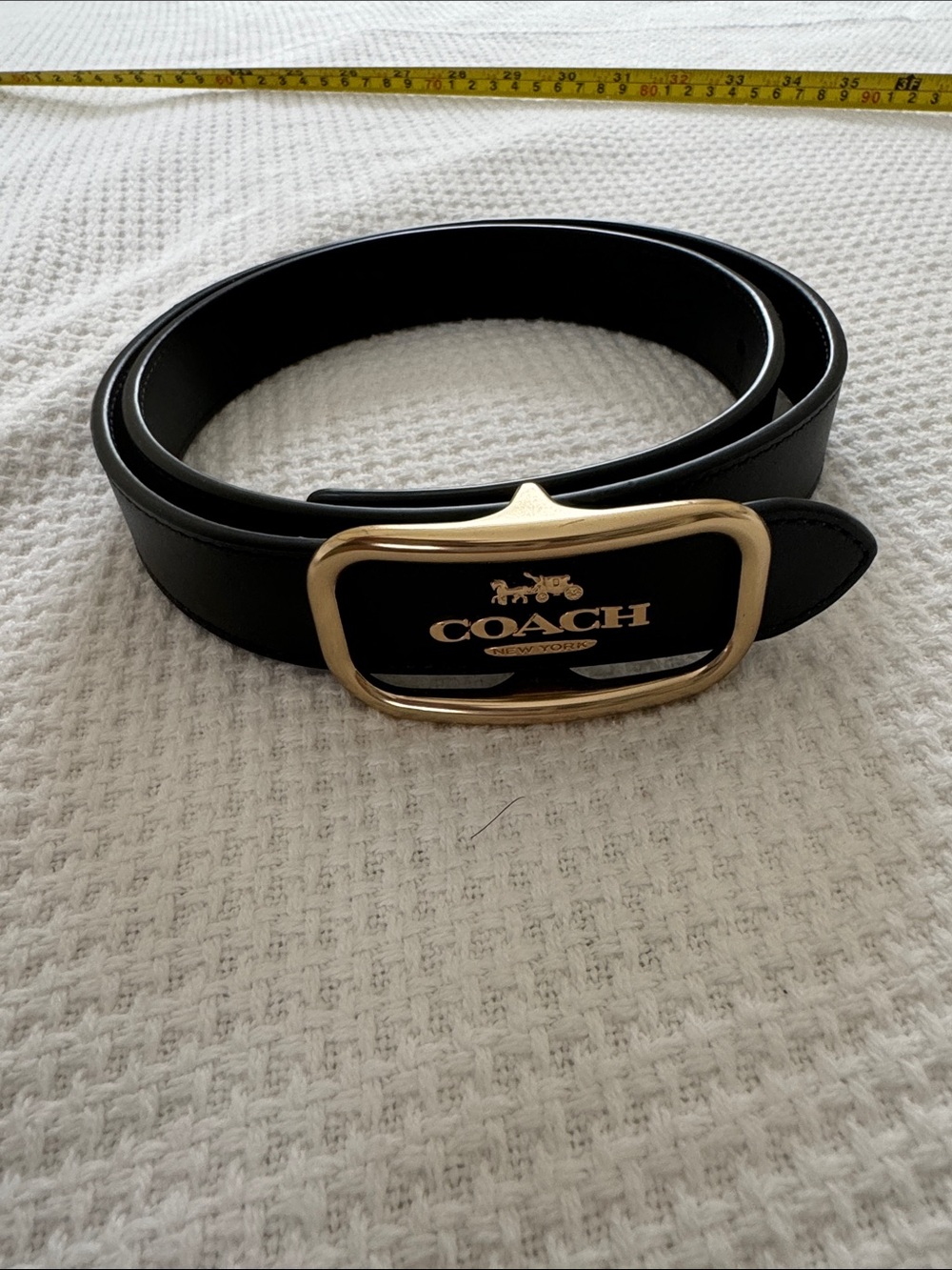 NEVER WORN- Coach Black Leather Belt with Gold Logo Plaque Buckle length 37.5”